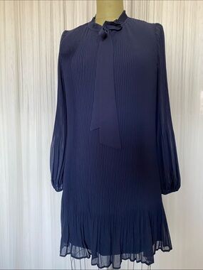 Donna Karen Navy Pleated Sheer Long-Sleeve Tie-Neck Pleated Dress Size 10